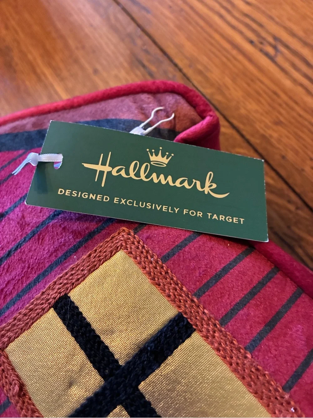 Hallmark Red Striped Holiday House Doorstop with Green Wreath and Tree Accents